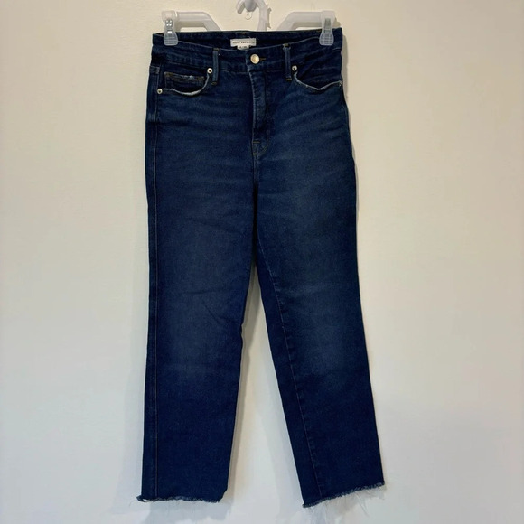 Good American Dark Wash Straight Leg Jeans Raw Hem Asymmetrical Pockets - Picture 1 of 9
